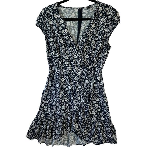 J Crew Mercantile Flouncy Floral Faux Wrap Short Dress Size 10 Ruffles Navy Blue - Picture 1 of 14